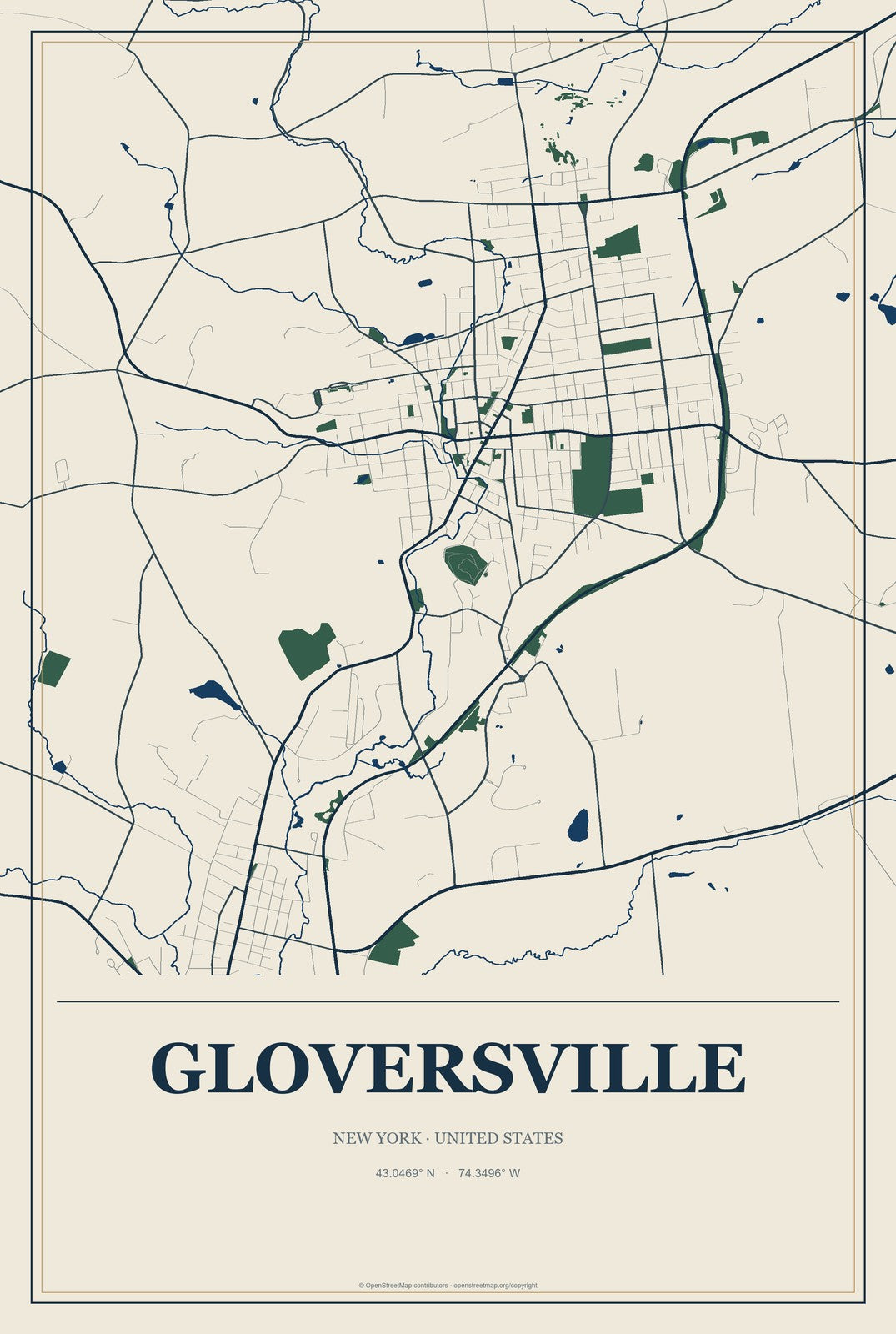 Gloversville, New York City Map Aluminum Sign in Coastal Cutout style