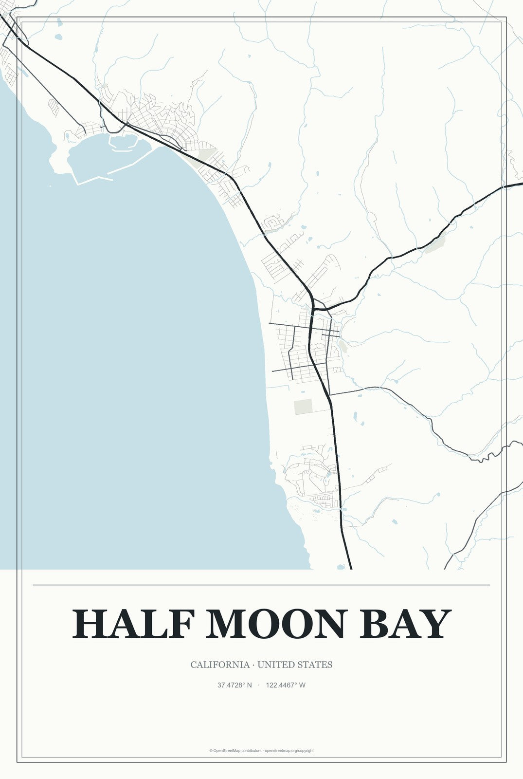 Half Moon Bay, California City Map Aluminum Sign in Gallery Air style