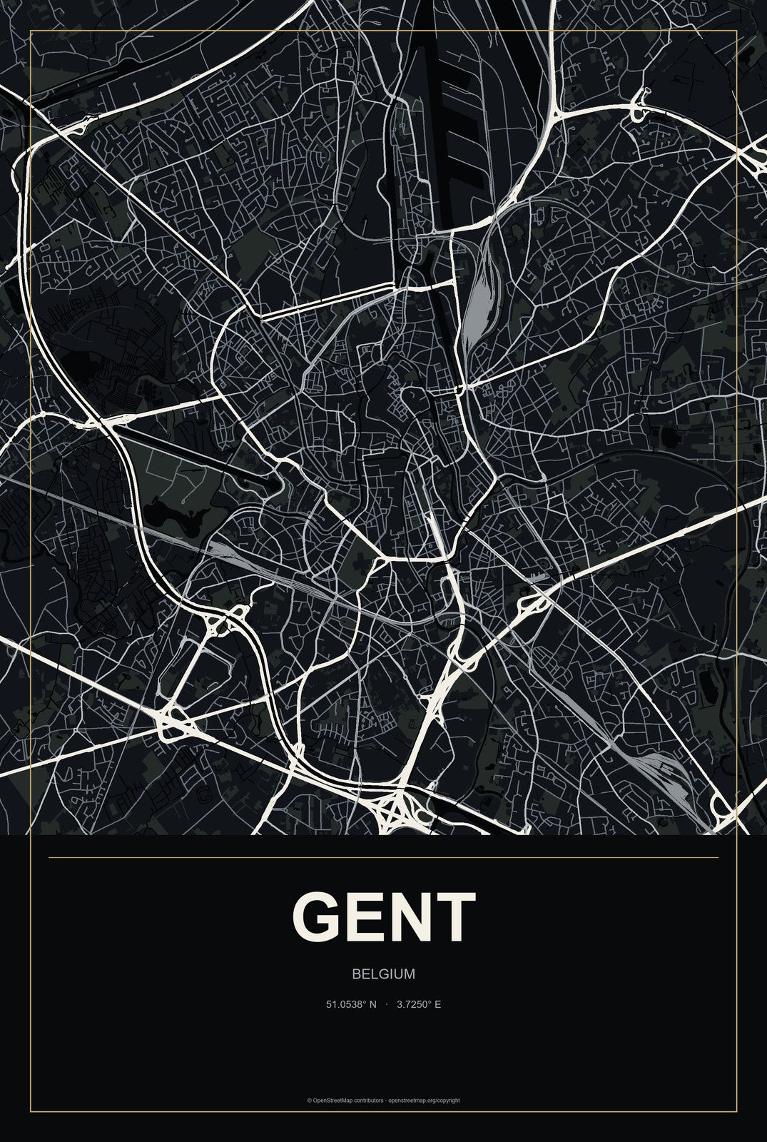 Gent, Belgium City Map Aluminum Sign in Metropolitan Noir style