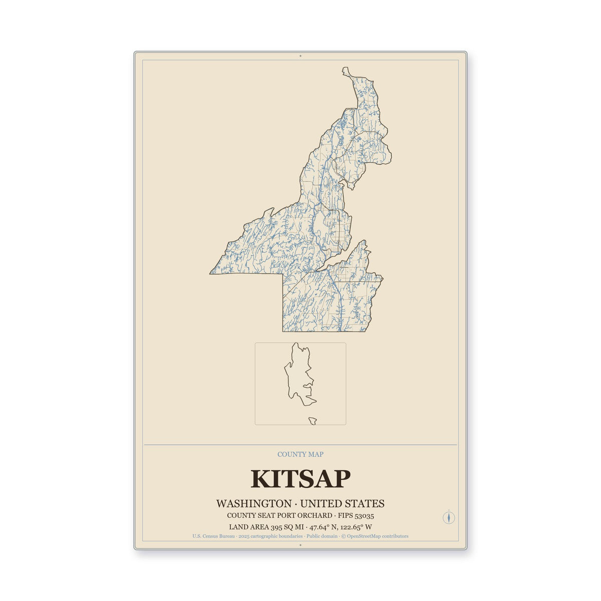 Kitsap County, Washington Map Aluminum Sign in Heritage Nautical style
