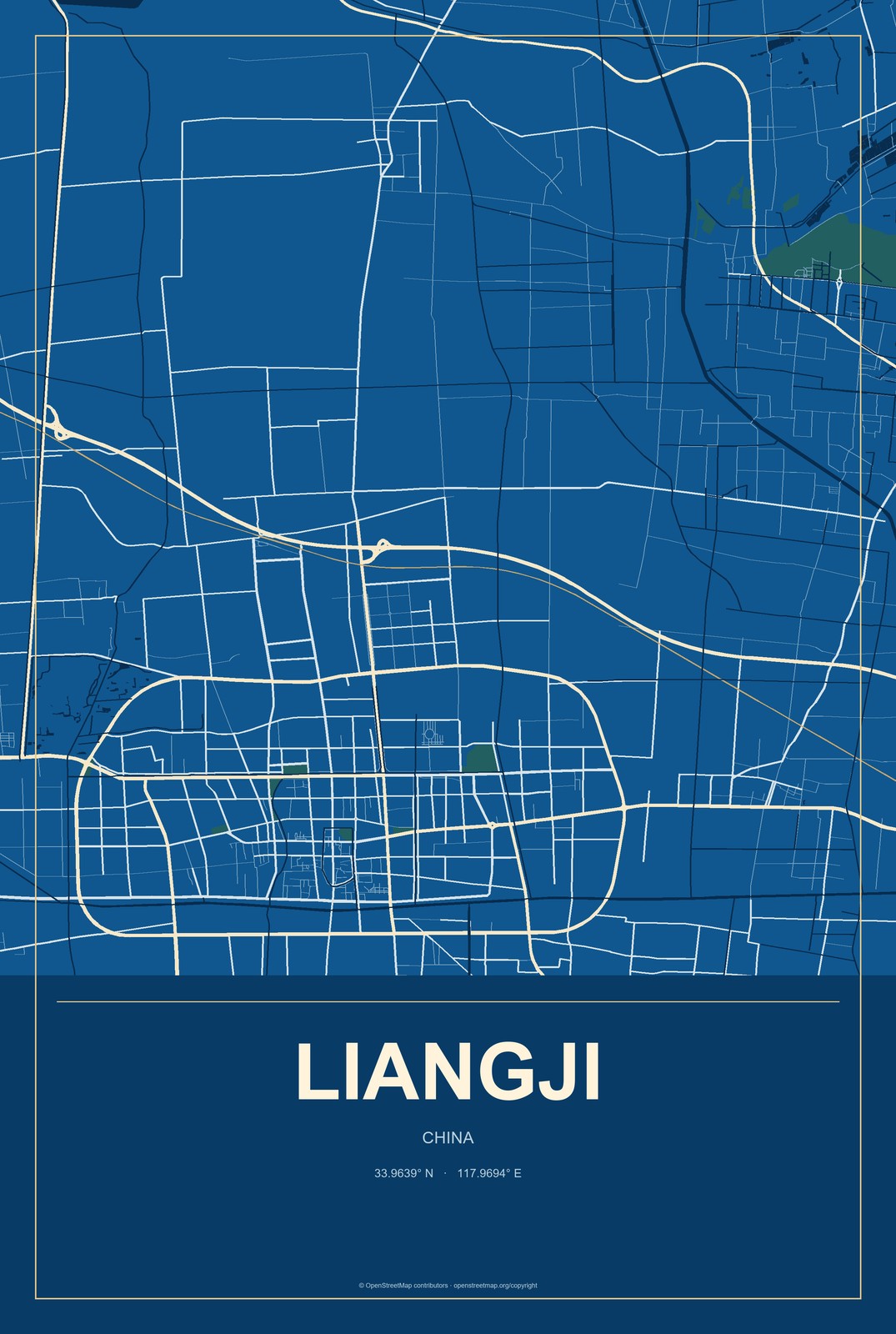 Liangji, China City Map Aluminum Sign in Harbor Cobalt style