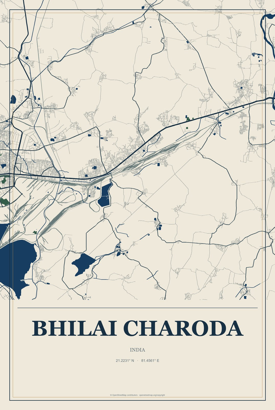 Bhilai Charoda, India City Map Aluminum Sign in Coastal Cutout style