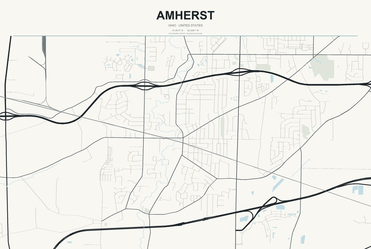 Amherst, Ohio City Map Aluminum Sign in Headline Atlas style