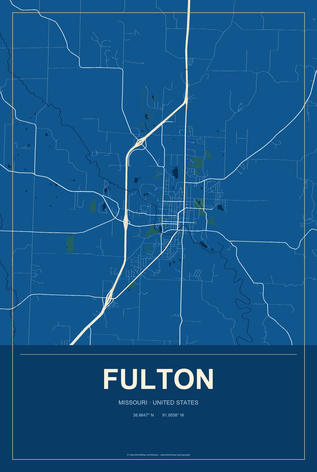 Fulton, Missouri City Map Aluminum Sign in Harbor Cobalt style