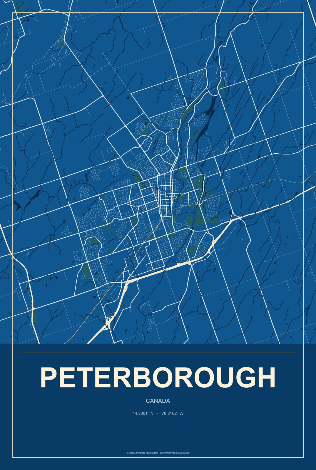 Peterborough, Canada City Map Aluminum Sign in Harbor Cobalt style