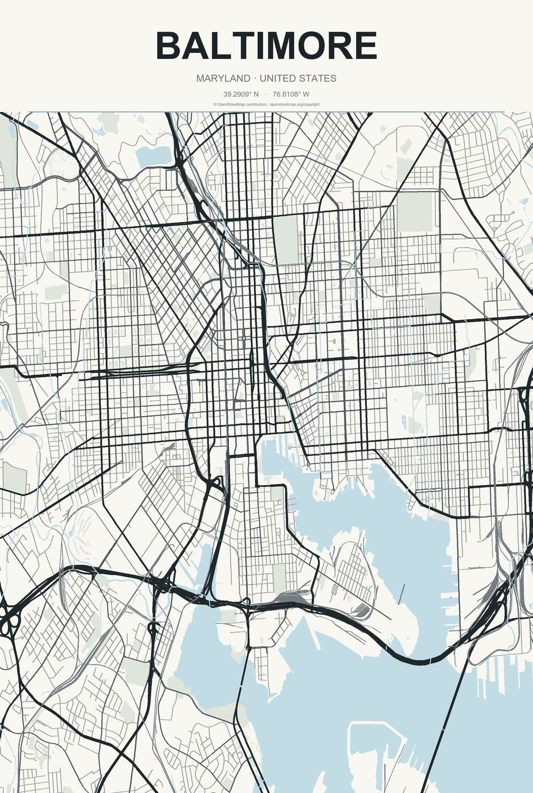 Baltimore, Maryland City Map Aluminum Sign in Headline Atlas style