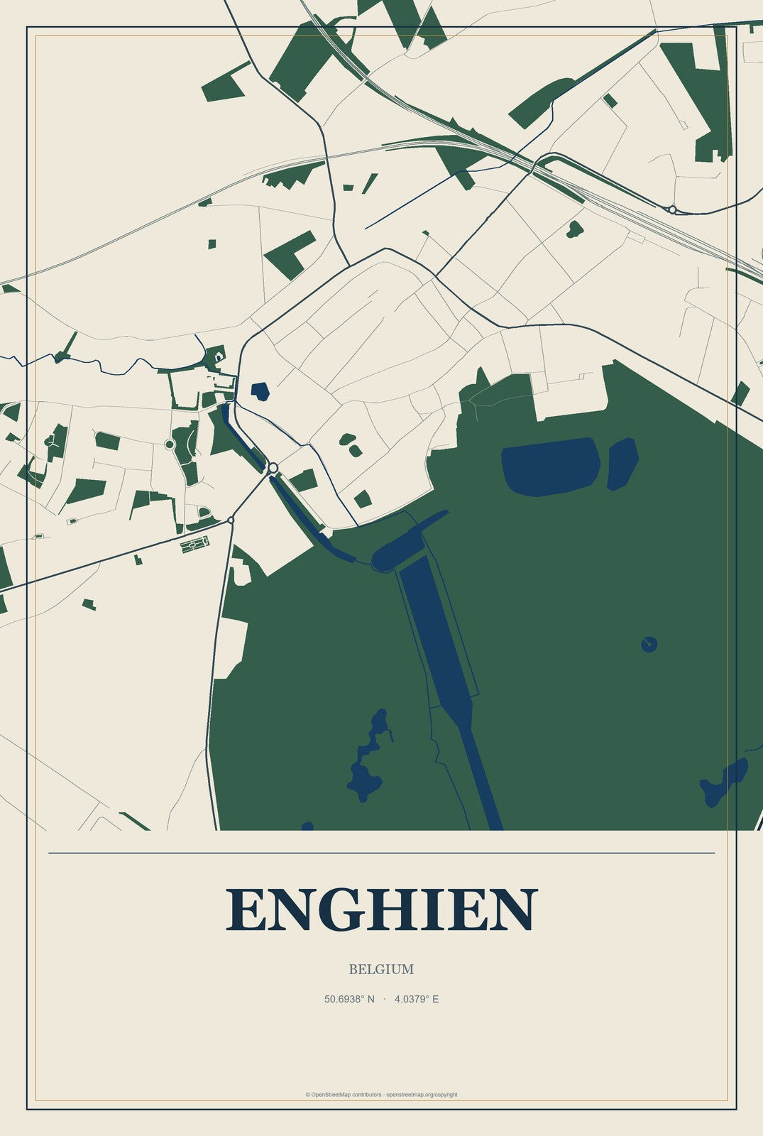 Enghien, Belgium City Map Aluminum Sign in Coastal Cutout style