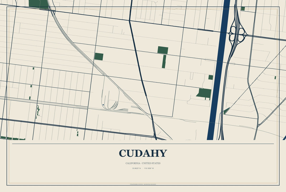 Cudahy, California City Map Aluminum Sign in Coastal Cutout style