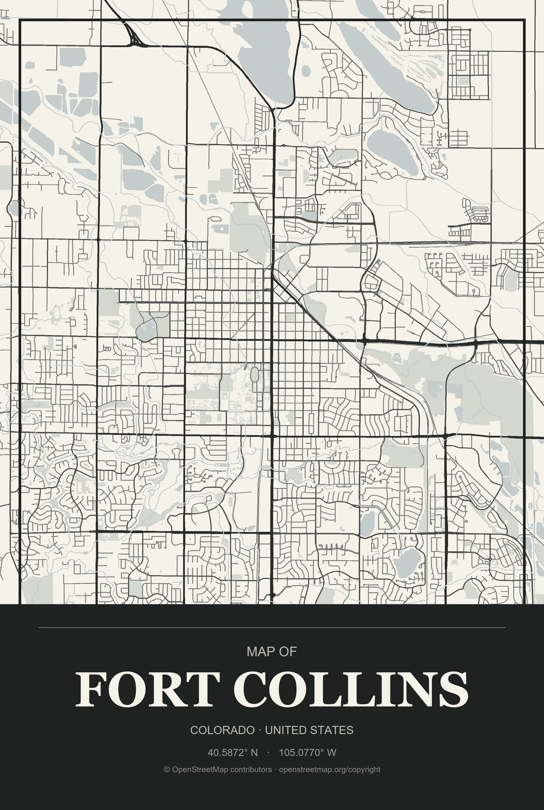 Fort Collins, Colorado City Map Aluminum Sign in Museum Plaque style