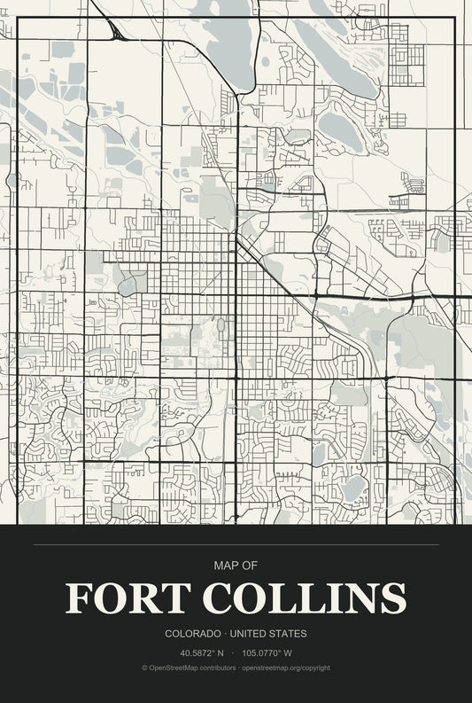 Fort Collins, Colorado City Map Aluminum Sign in Museum Plaque style