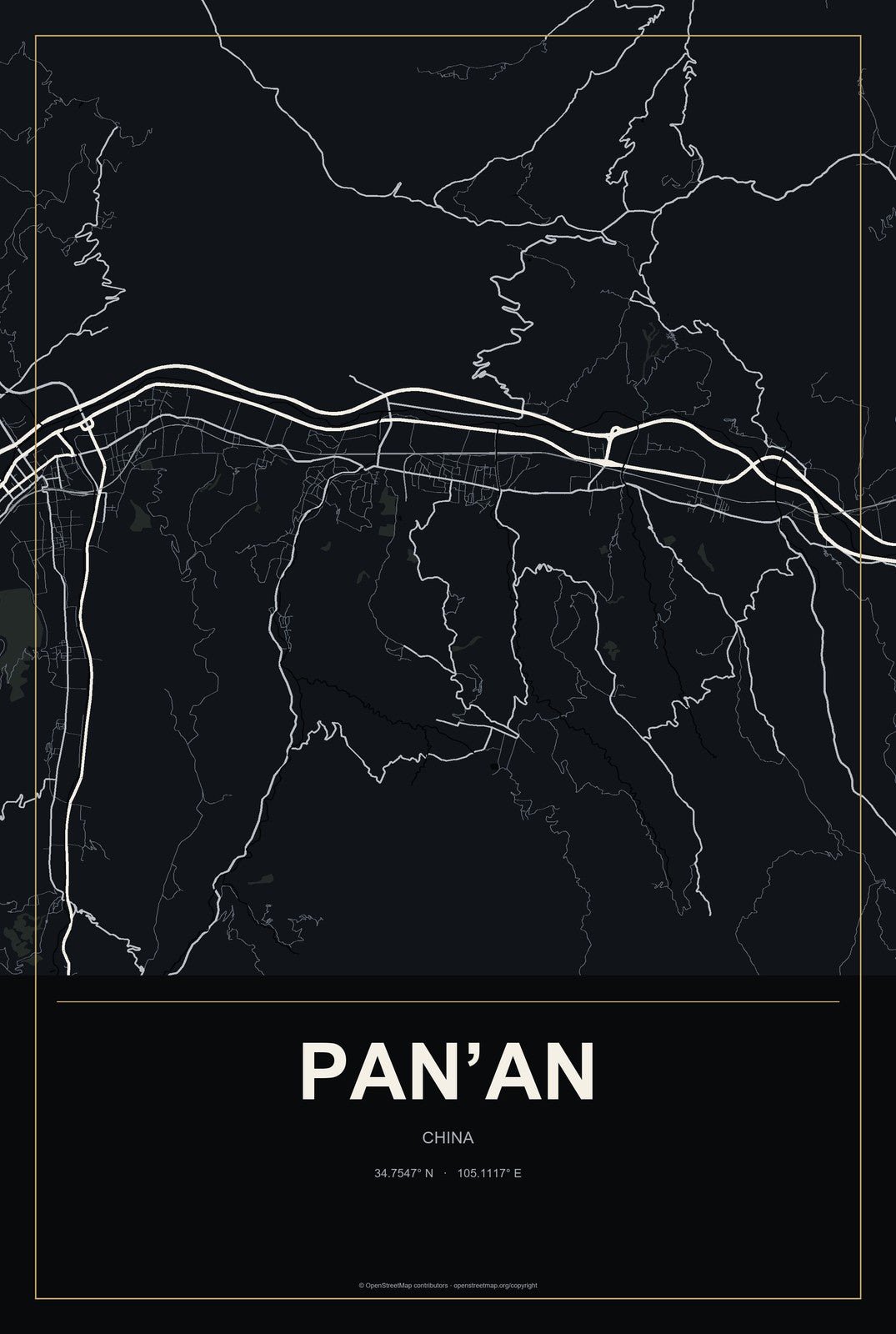 Pan’an, China City Map Aluminum Sign in Metropolitan Noir style