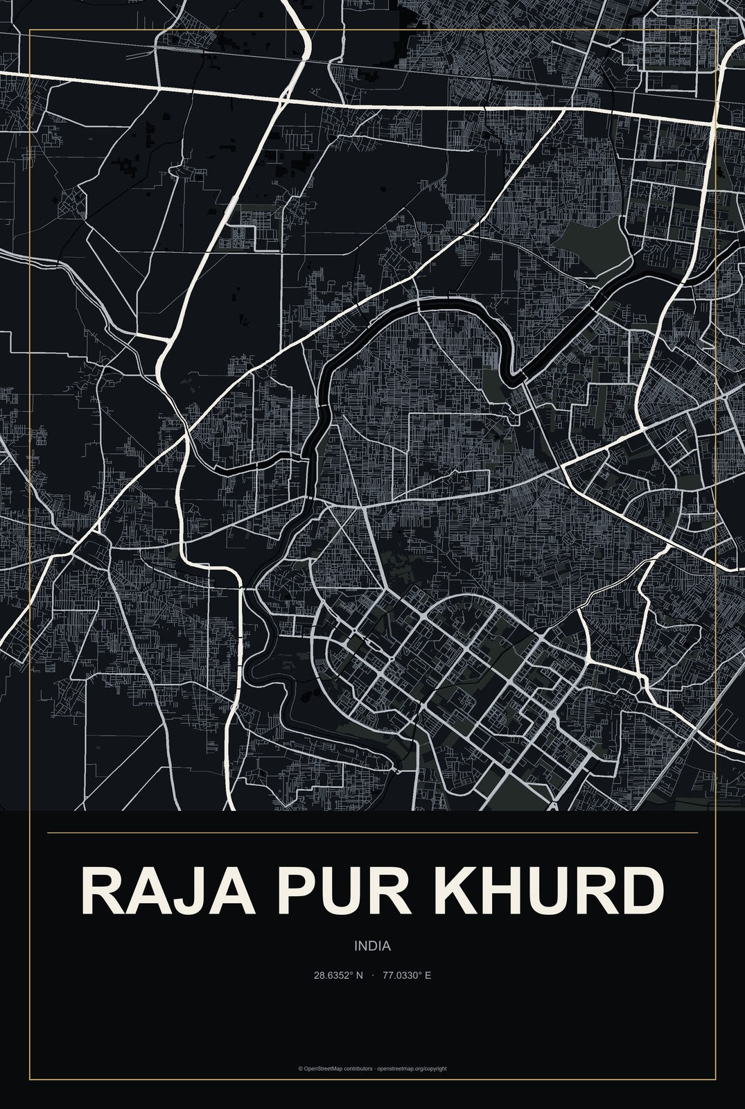 Raja Pur Khurd, India City Map Aluminum Sign in Metropolitan Noir style