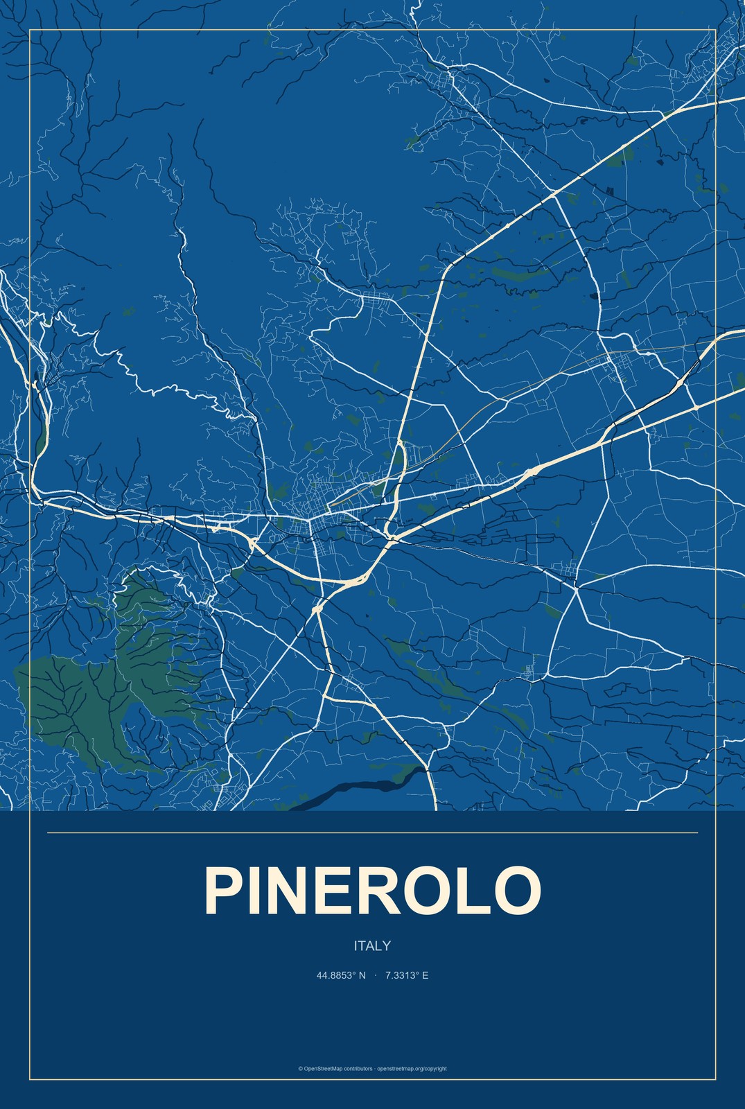 Pinerolo, Italy City Map Aluminum Sign in Harbor Cobalt style