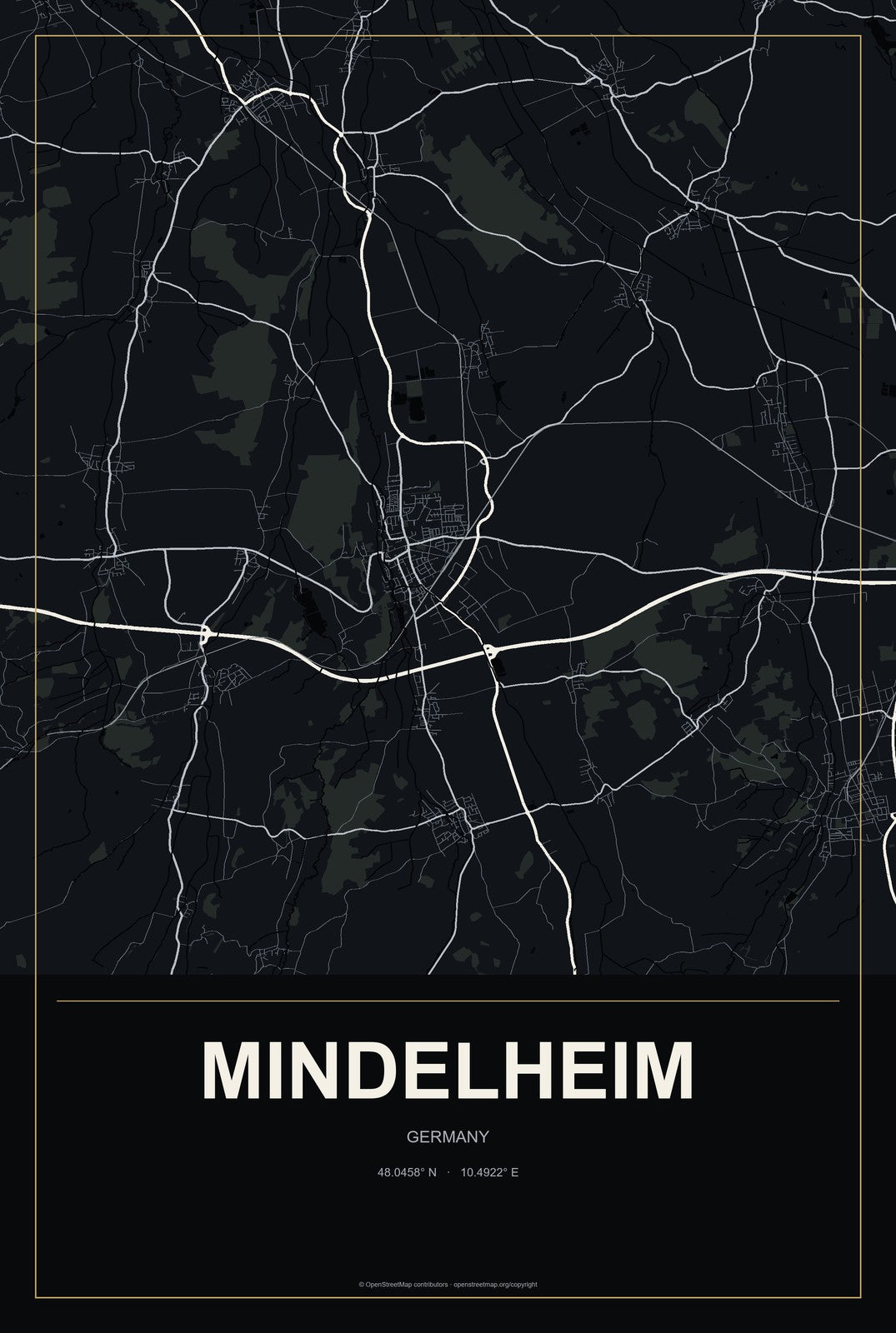 Mindelheim, Germany City Map Aluminum Sign in Metropolitan Noir style