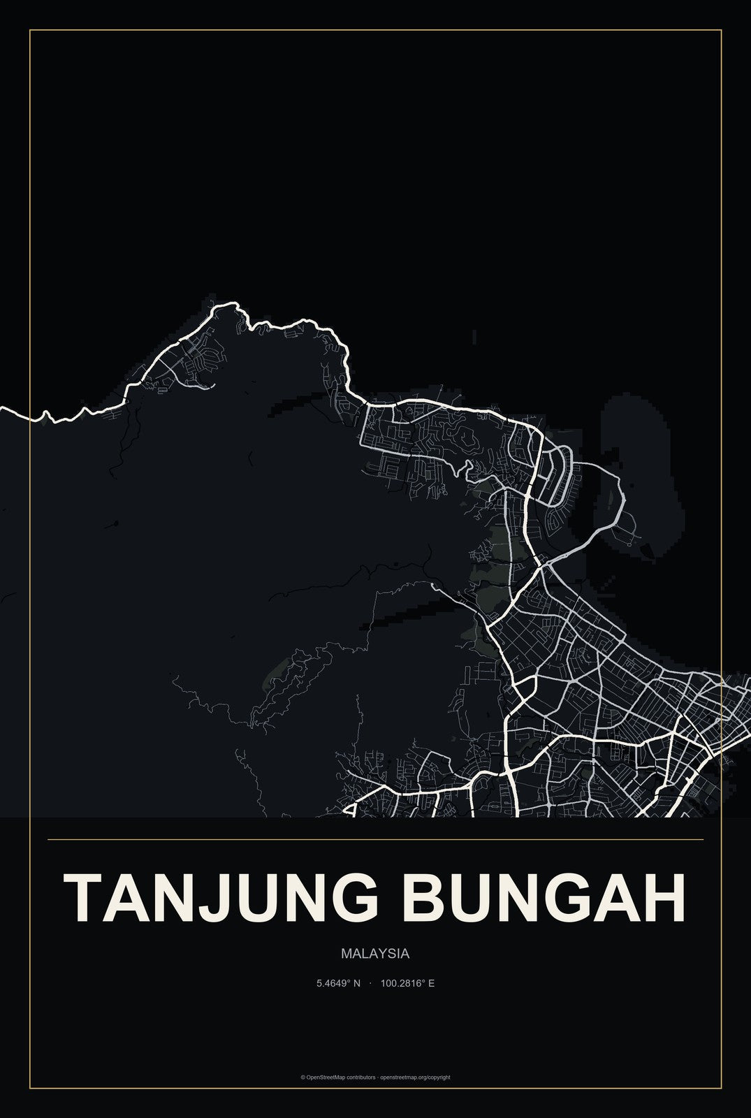 Tanjung Bungah, Malaysia City Map Aluminum Sign in Metropolitan Noir style