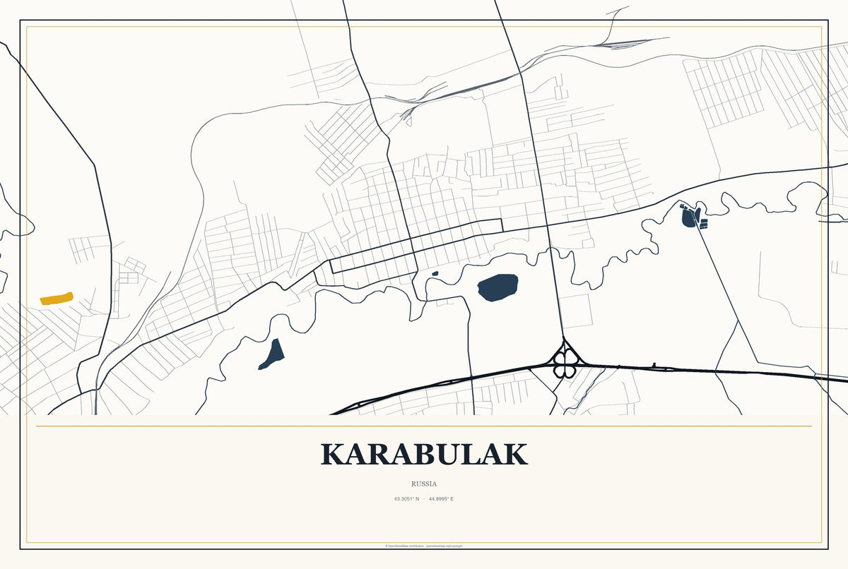Karabulak, Russia City Map Aluminum Sign in Citrine Modern style