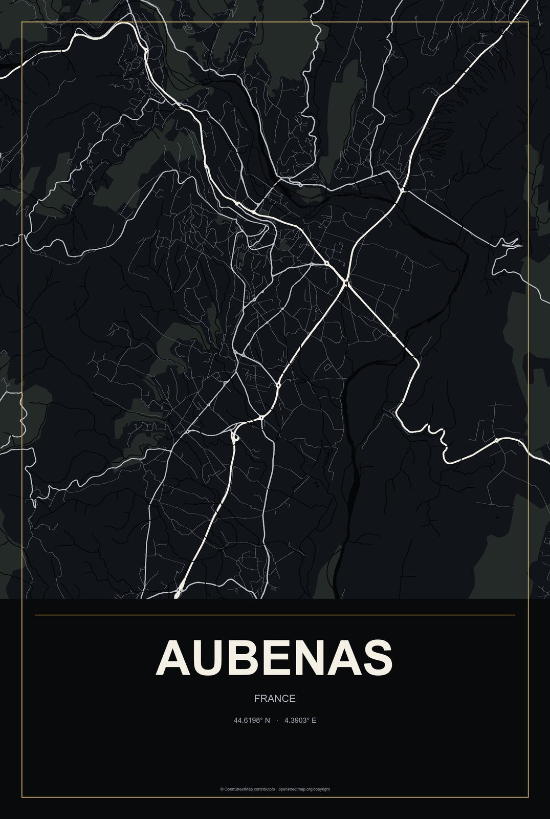 Aubenas, France City Map Aluminum Sign in Metropolitan Noir style