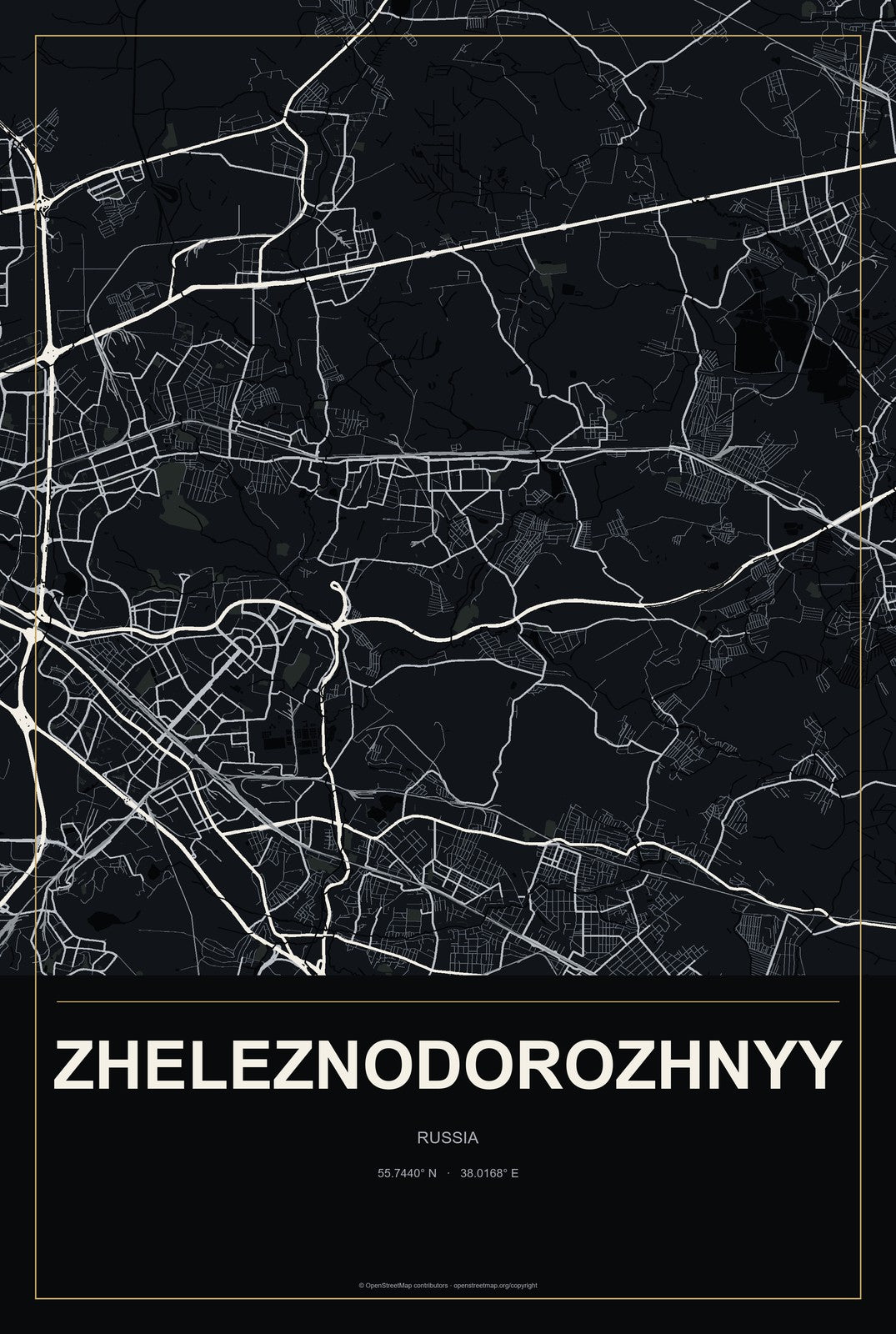 Zheleznodorozhnyy, Russia City Map Aluminum Sign in Metropolitan Noir style