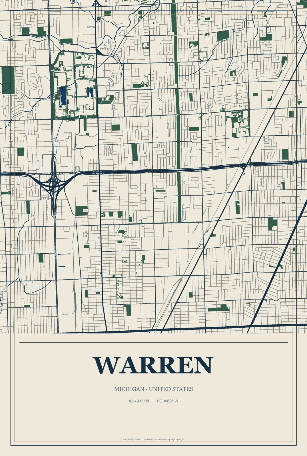 Warren, Michigan City Map Aluminum Sign in Coastal Cutout style