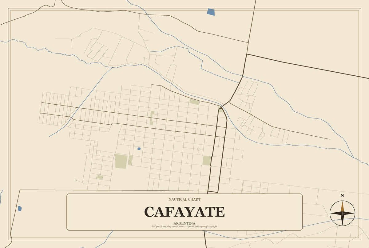 Cafayate, Argentina City Map Aluminum Sign in Heritage Nautical style