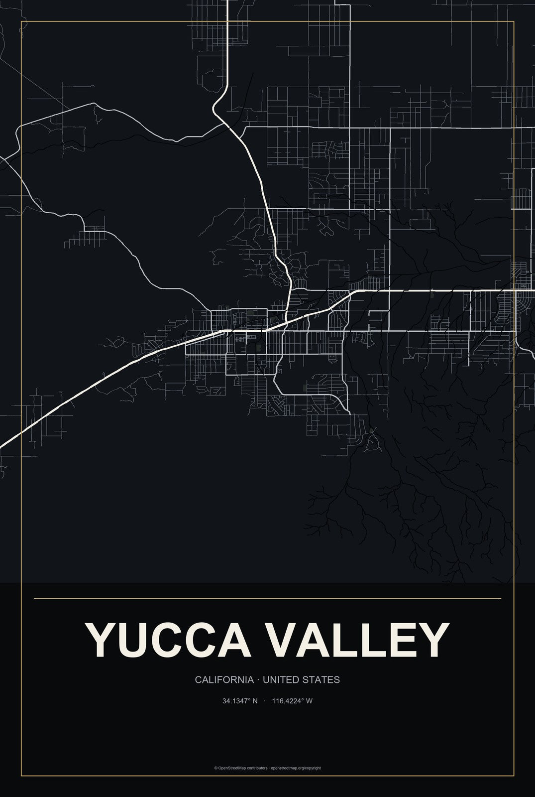 Yucca Valley, California City Map Aluminum Sign in Metropolitan Noir style