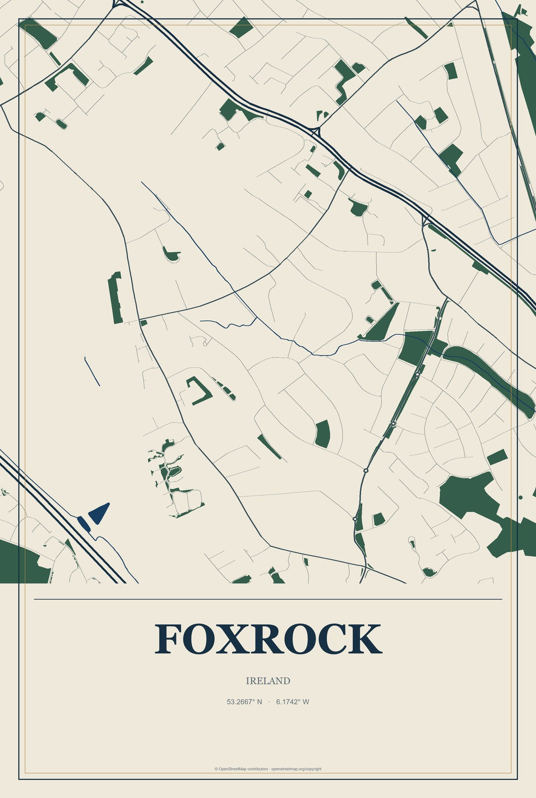 Foxrock, Ireland City Map Aluminum Sign in Coastal Cutout style