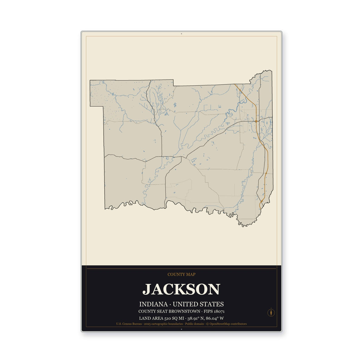Jackson County, Indiana Map Aluminum Sign in Museum Plaque style