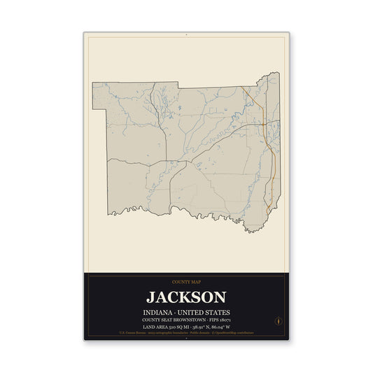 Jackson County, Indiana Map Aluminum Sign in Museum Plaque style