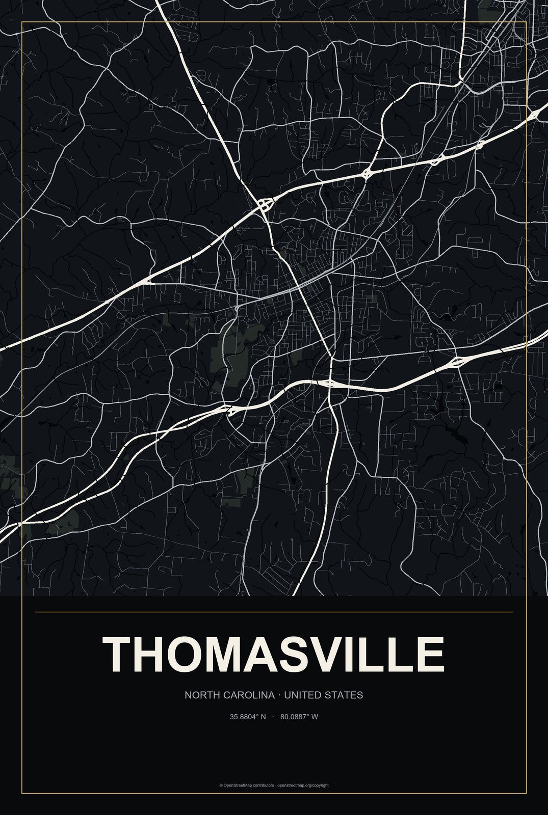 Thomasville, North Carolina City Map Aluminum Sign in Metropolitan Noir style