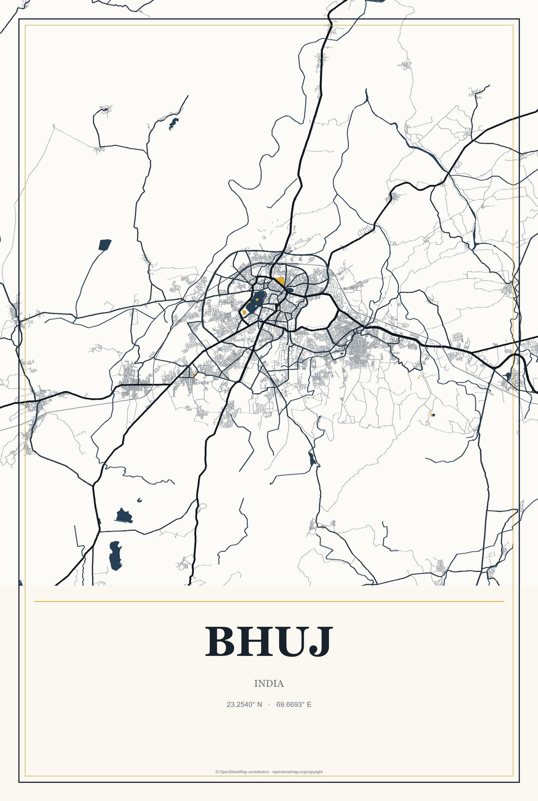 Bhuj, India City Map Aluminum Sign in Citrine Modern style