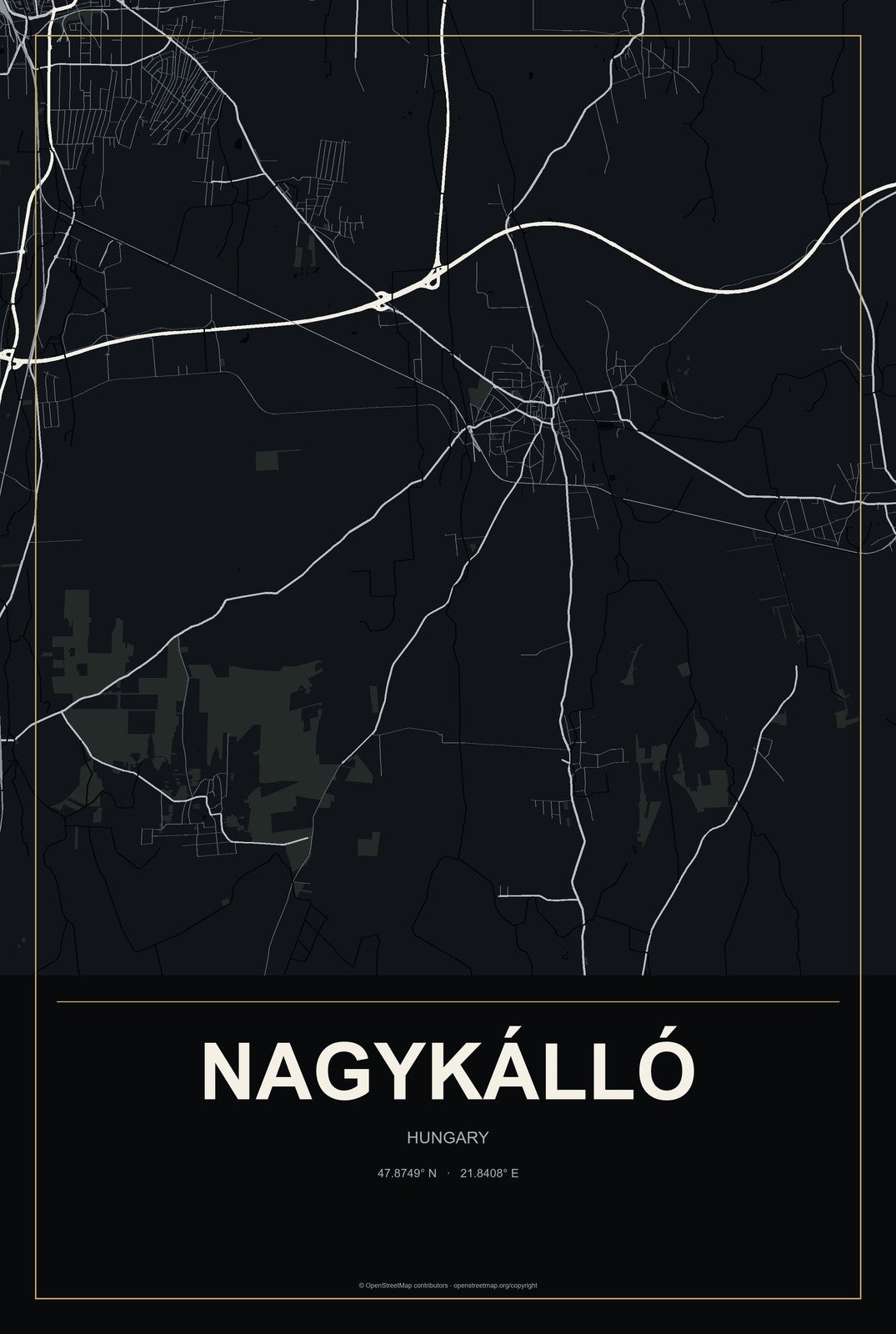 Nagykálló, Hungary City Map Aluminum Sign in Metropolitan Noir style