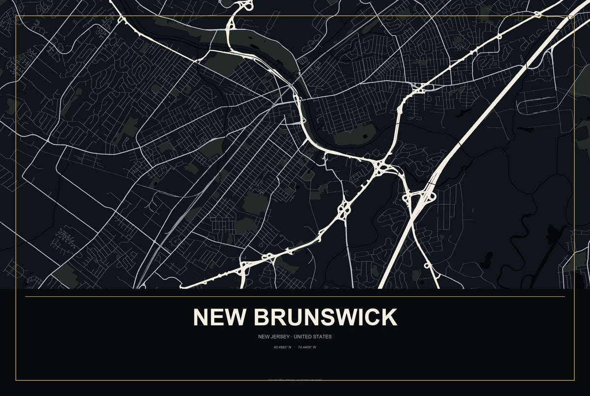 New Brunswick, New Jersey City Map Aluminum Sign in Metropolitan Noir style