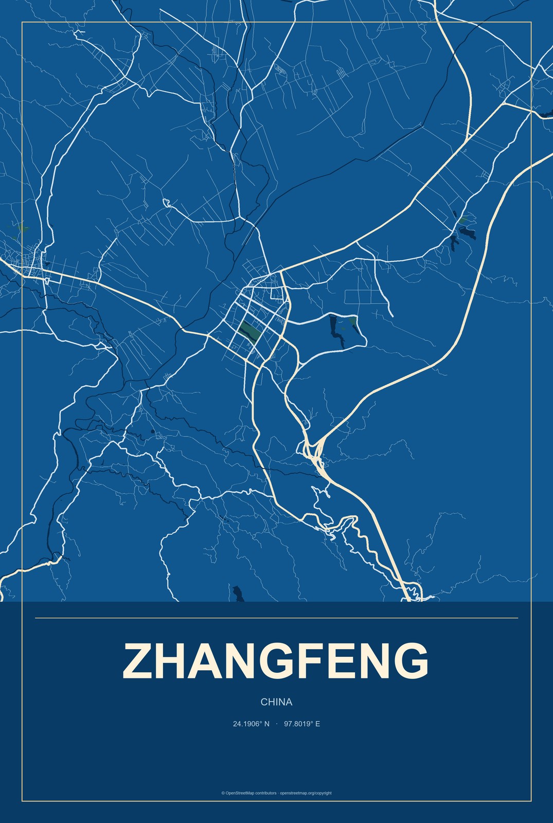Zhangfeng, China City Map Aluminum Sign in Harbor Cobalt style