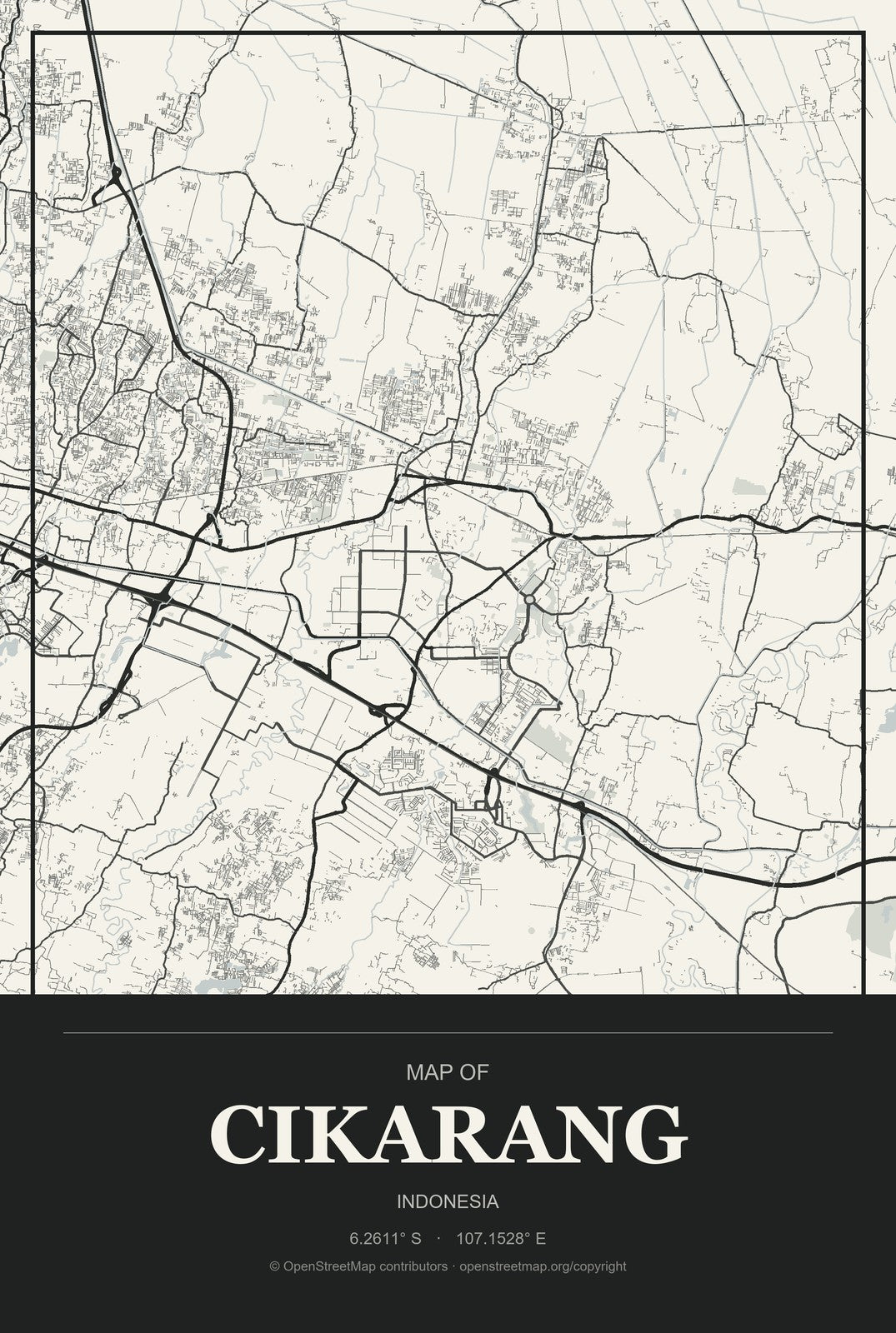 Cikarang, Indonesia City Map Aluminum Sign in Museum Plaque style