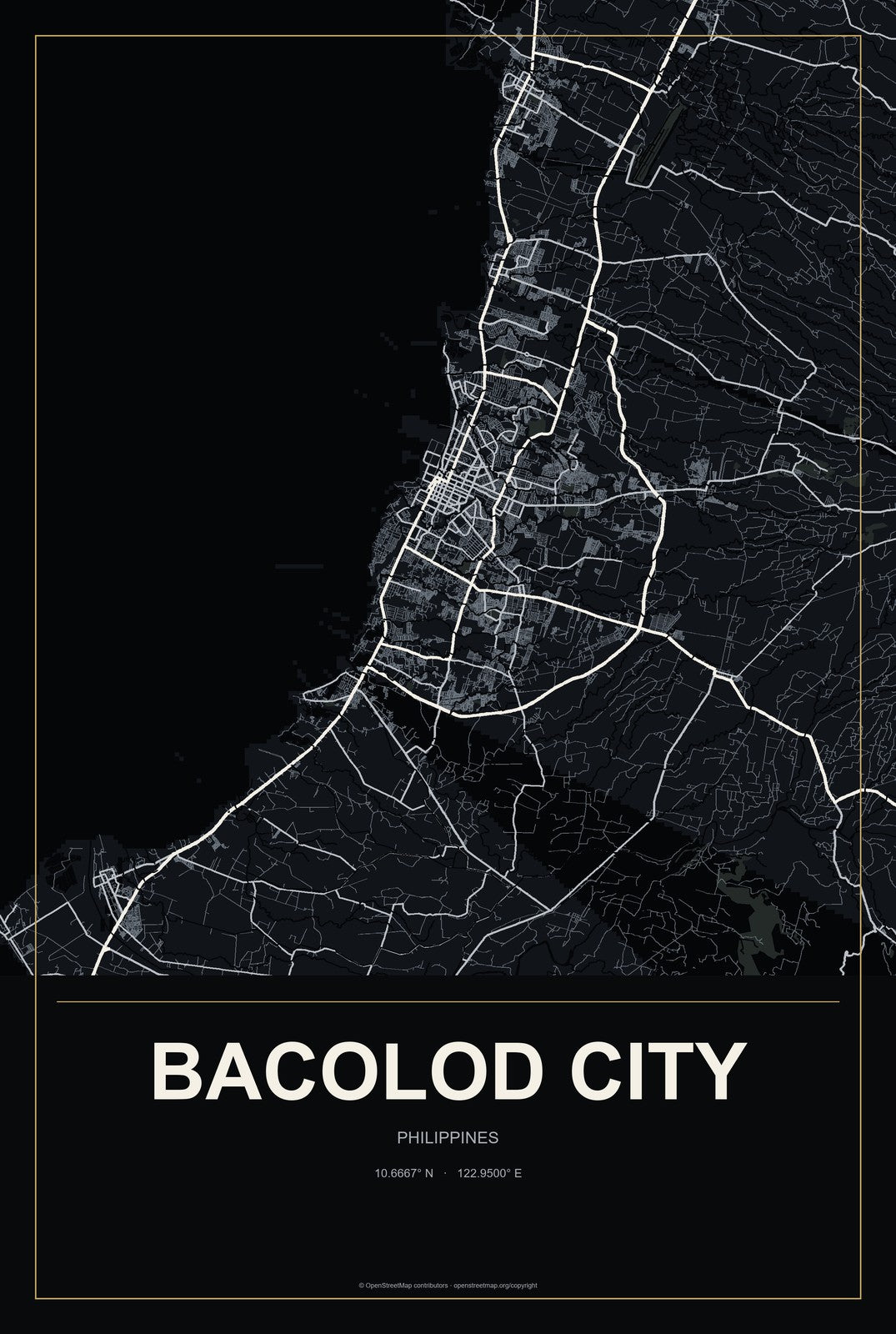 Bacolod City, Philippines City Map Aluminum Sign in Metropolitan Noir style