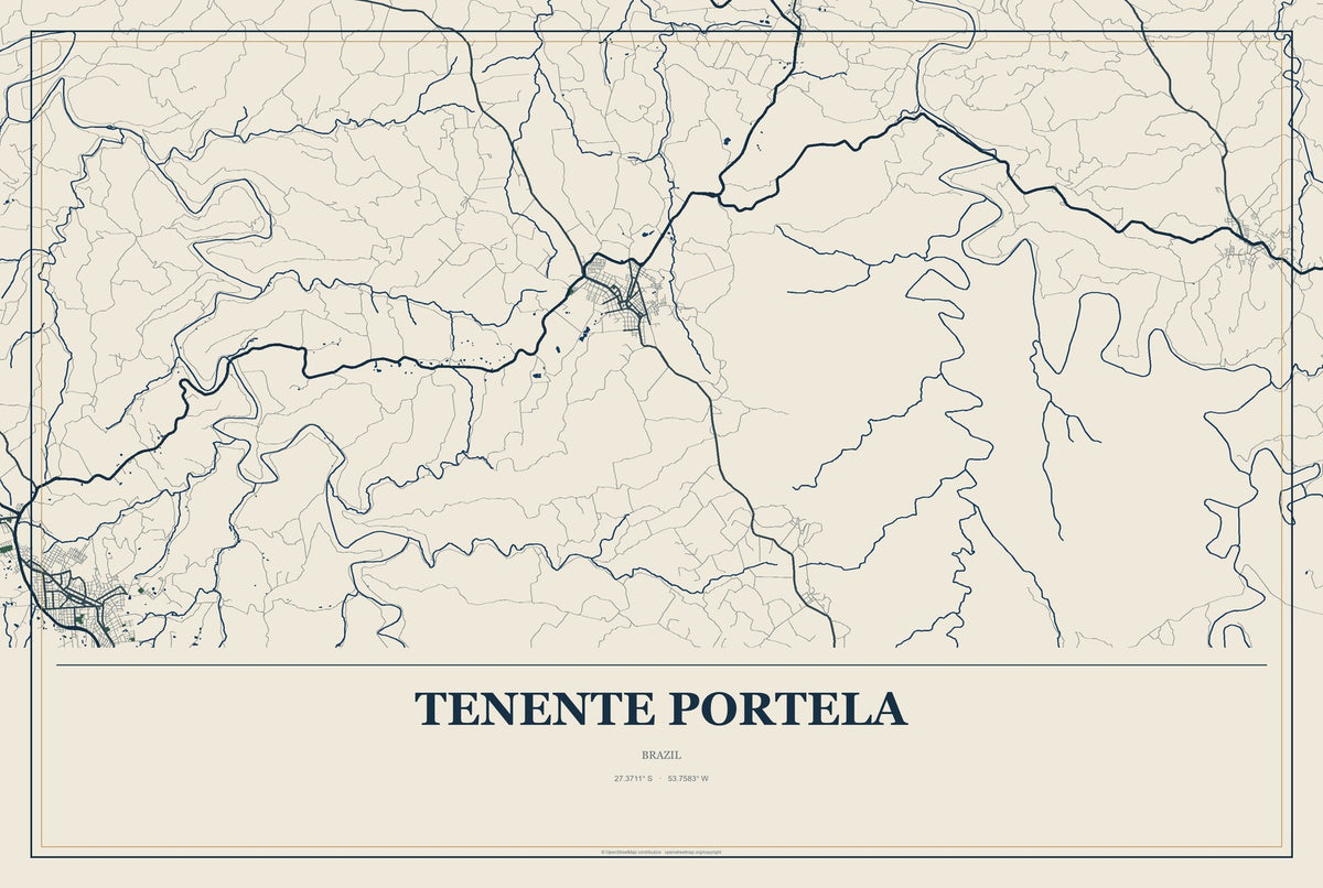 Tenente Portela, Brazil City Map Aluminum Sign in Coastal Cutout style