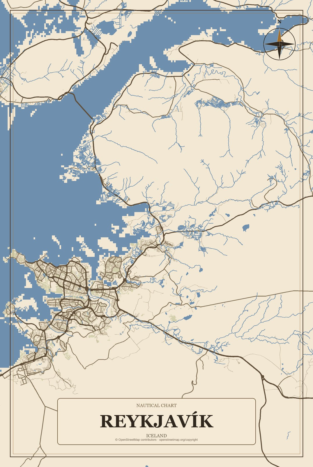 Reykjavík, Iceland City Map Aluminum Sign in Heritage Nautical style