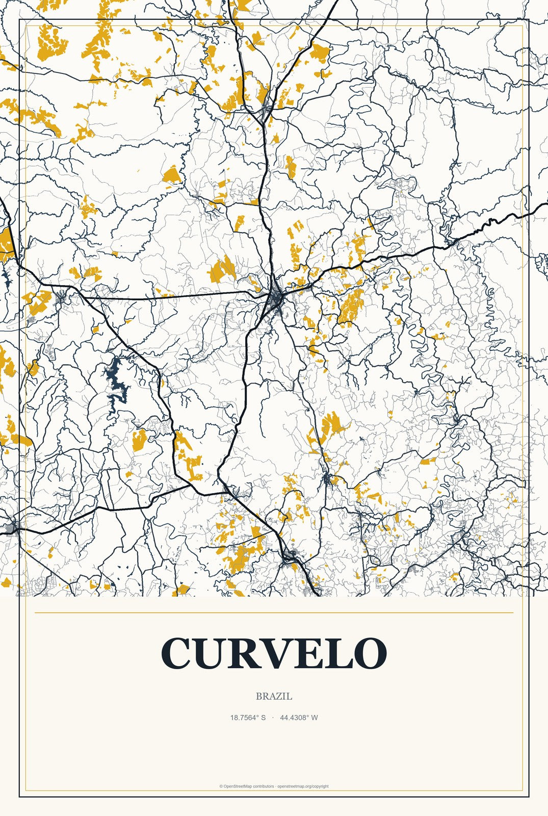 Curvelo, Brazil City Map Aluminum Sign in Citrine Modern style