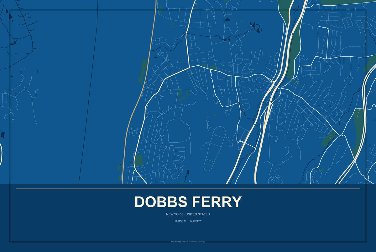 Dobbs Ferry, New York City Map Aluminum Sign in Harbor Cobalt style