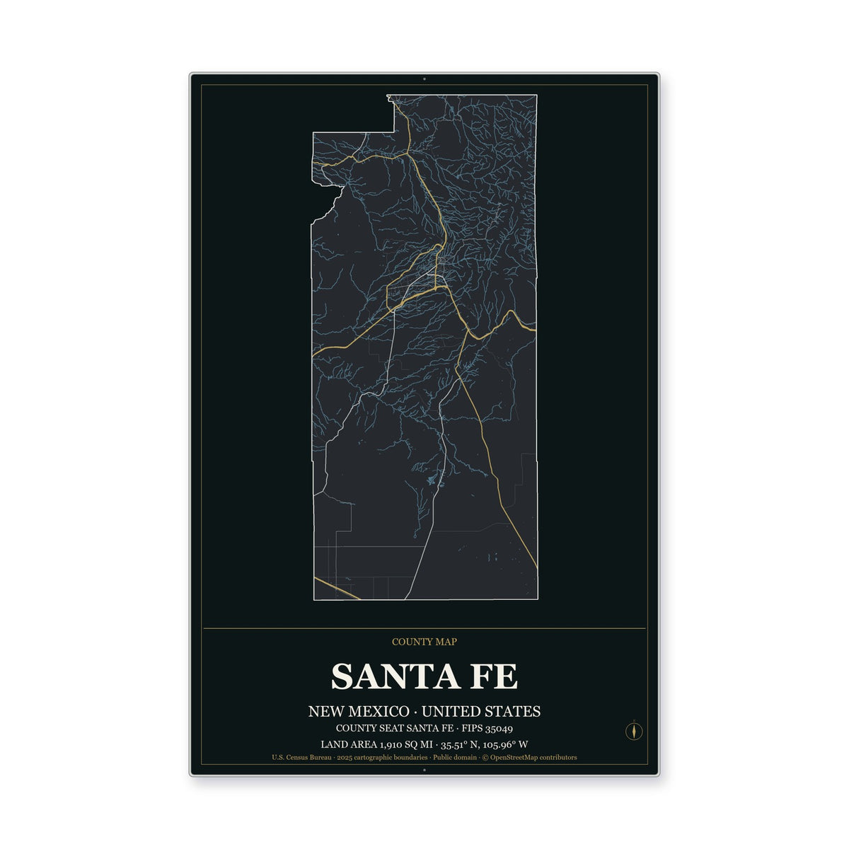 Santa Fe County, New Mexico Map Aluminum Sign in Metropolitan Noir style