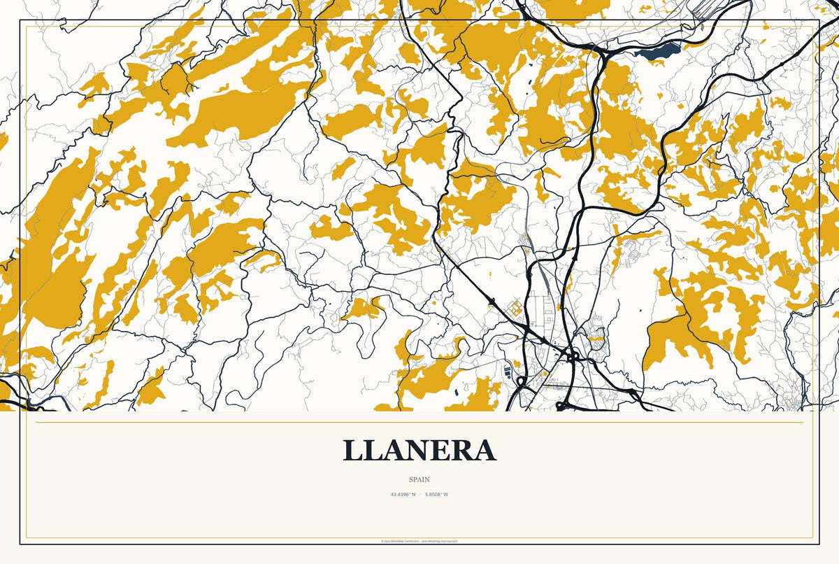 Llanera, Spain City Map Aluminum Sign in Citrine Modern style