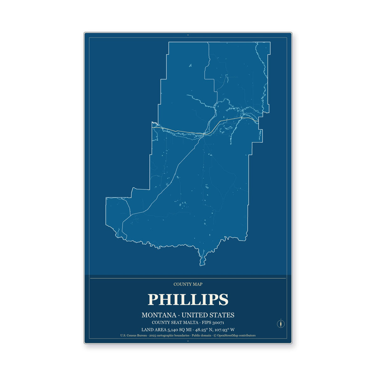 Phillips County, Montana Map Aluminum Sign in Harbor Cobalt style