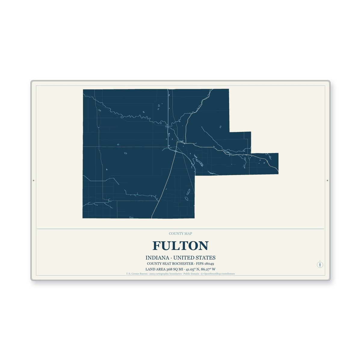 Fulton County, Indiana Map Aluminum Sign in Coastal Cutout style