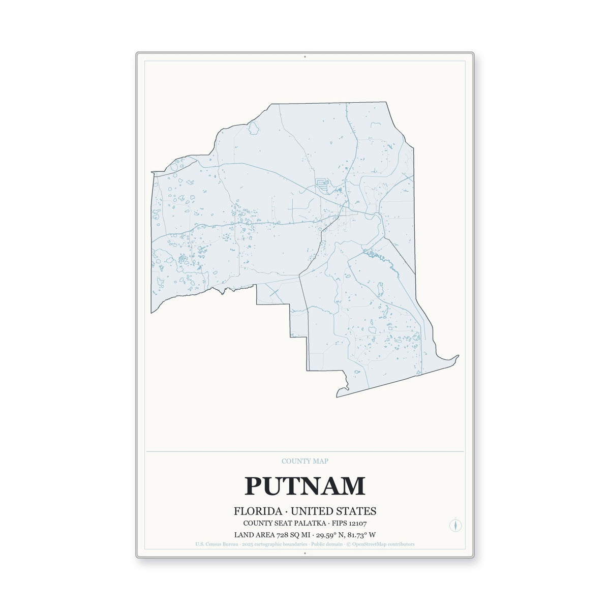Putnam County, Florida Map Aluminum Sign in Gallery Air style