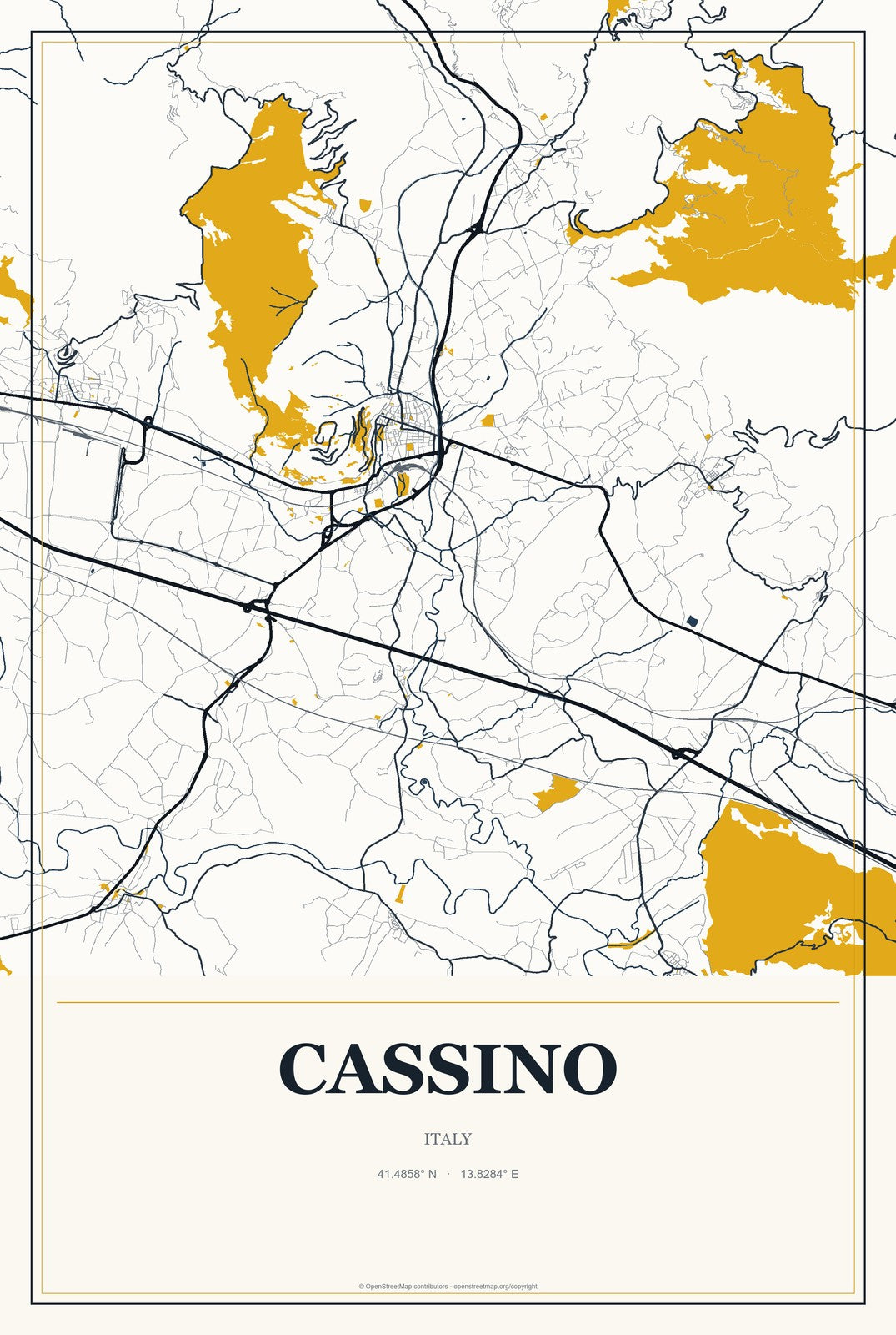 Cassino, Italy City Map Aluminum Sign in Citrine Modern style