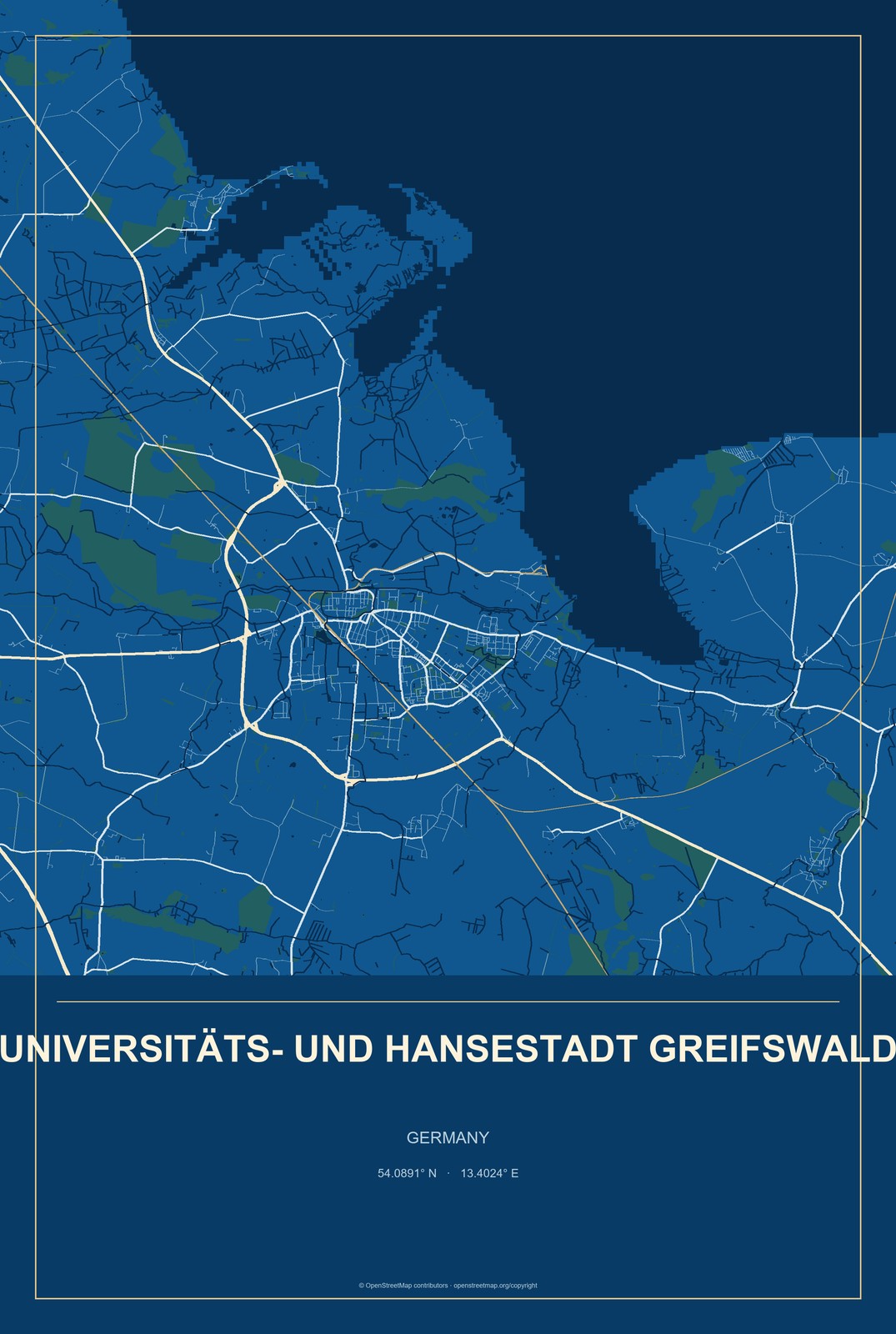Universitäts- und Hansestadt Greifswald, Germany City Map Aluminum Sign in Harbor Cobalt style