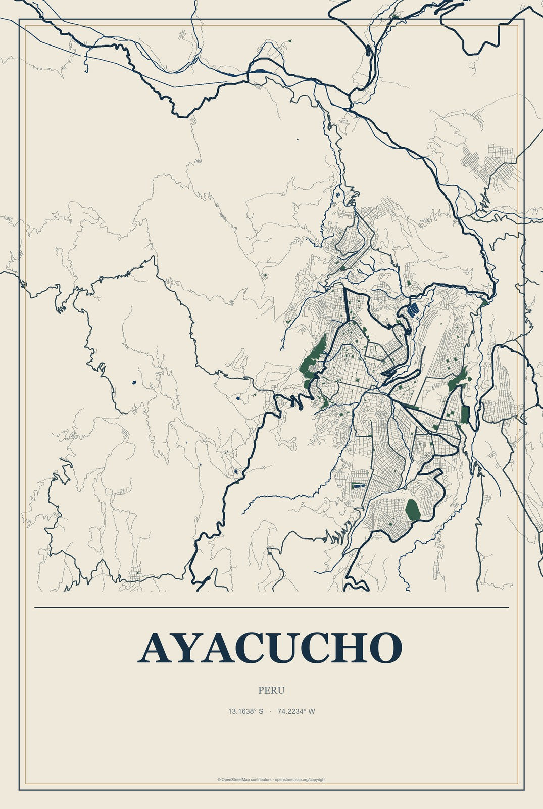 Ayacucho, Peru City Map Aluminum Sign in Coastal Cutout style