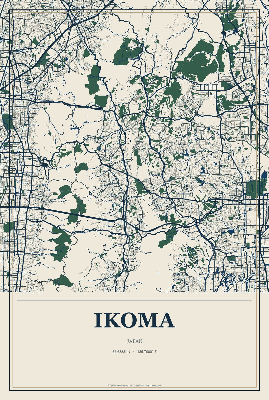Ikoma, Japan City Map Aluminum Sign in Coastal Cutout style