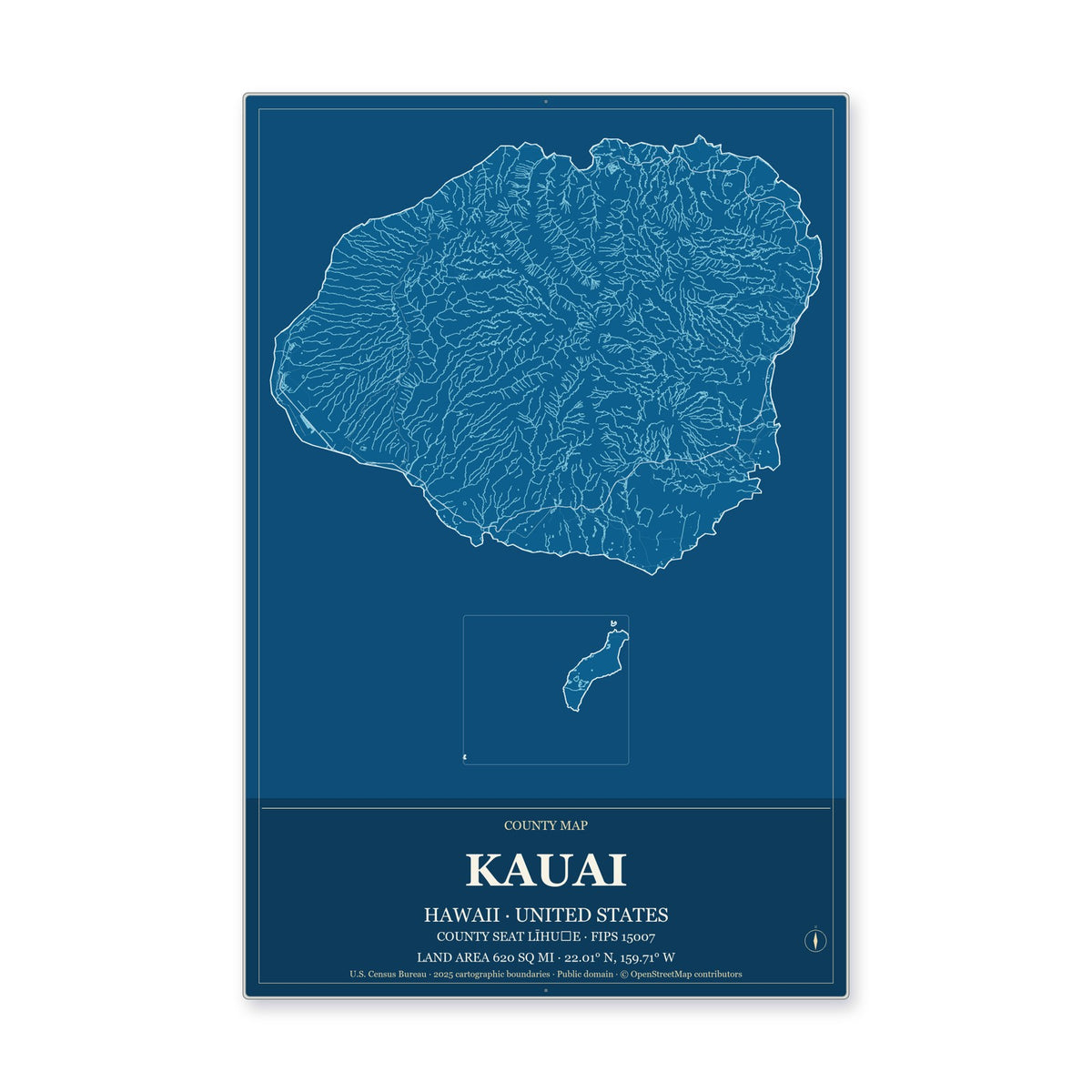 Kauai County, Hawaii Map Aluminum Sign in Harbor Cobalt style