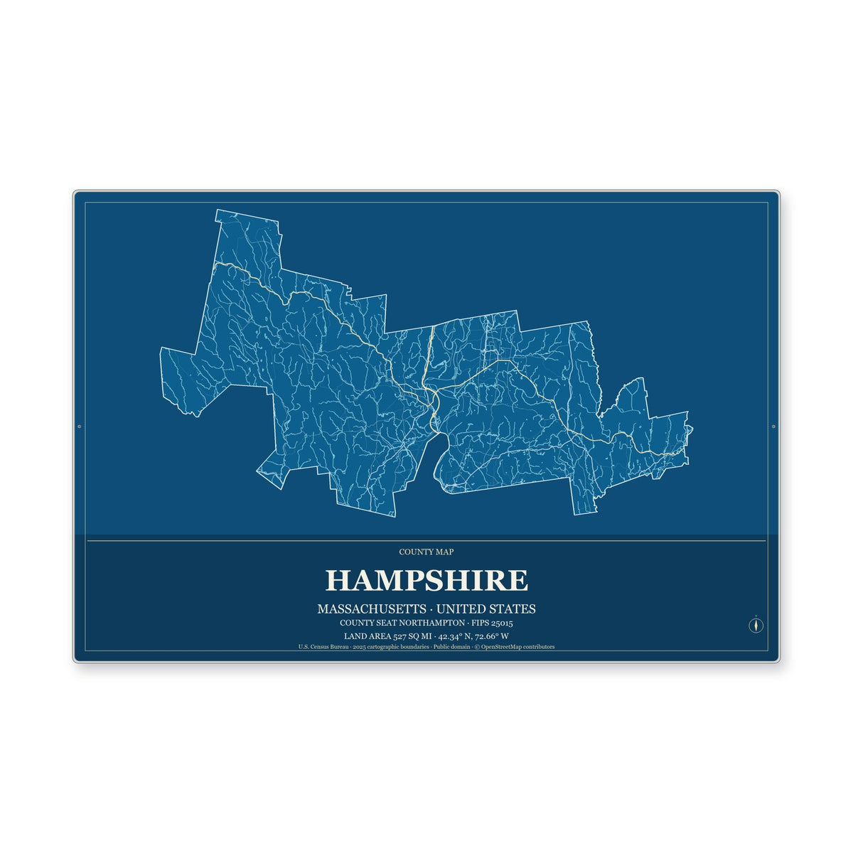 Hampshire County, Massachusetts Map Aluminum Sign in Harbor Cobalt style